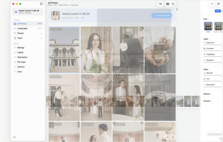 Selecta Pro grid view with bursts and picks